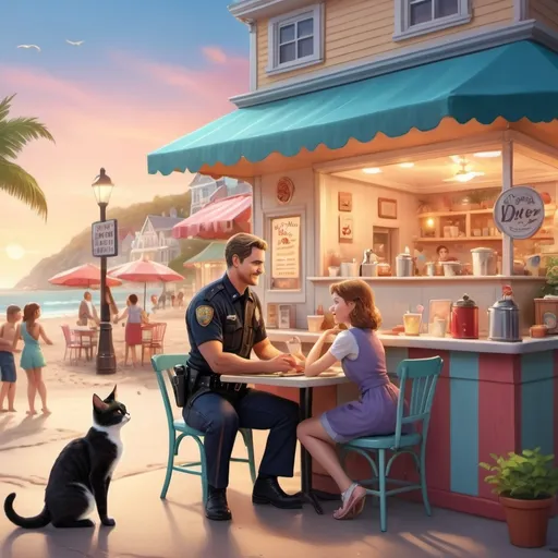 Prompt: (charming book cover), small town romcom setting, (beach town ambiance), cozy diner scene, friendly policeman interacting with diner cook, adorable rescue kitten, lively atmosphere, playful meddling friends and family, vibrant colors, warm soft lighting, (4K), engaging and inviting, whimsical details in the background, playful heartwarming interactions.