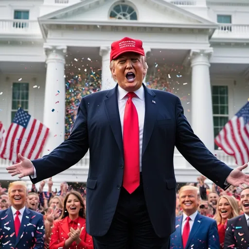 Prompt: (DONALD TRUMP) celebrating victory, standing confidently in front of the (WHITE HOUSE), passionately giving a speech, excitement in the air, thrilling atmosphere, vibrant colors, dynamic lighting, engaging backdrop of fans cheering, confetti swirling, exhilarating energy, powerful moment, (highly detailed), (4K quality), a symbol of changing fortunes in the (CRYPTO WORLD), ensuring a memorable and captivating visual signal of triumph.