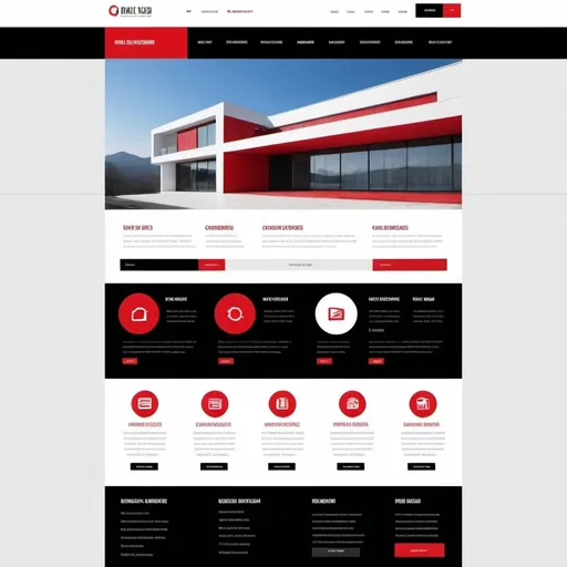 Prompt: (home page design), minimalist layout, (soft edges), red, white, and black color scheme, organized columns, regular font for textual details, aligned picture boxes, modern style, clean and crisp design, professional ambiance, engaging visual hierarchy, high-quality finish, user-friendly interface, innovative and appealing aesthetics, polished and refined look.