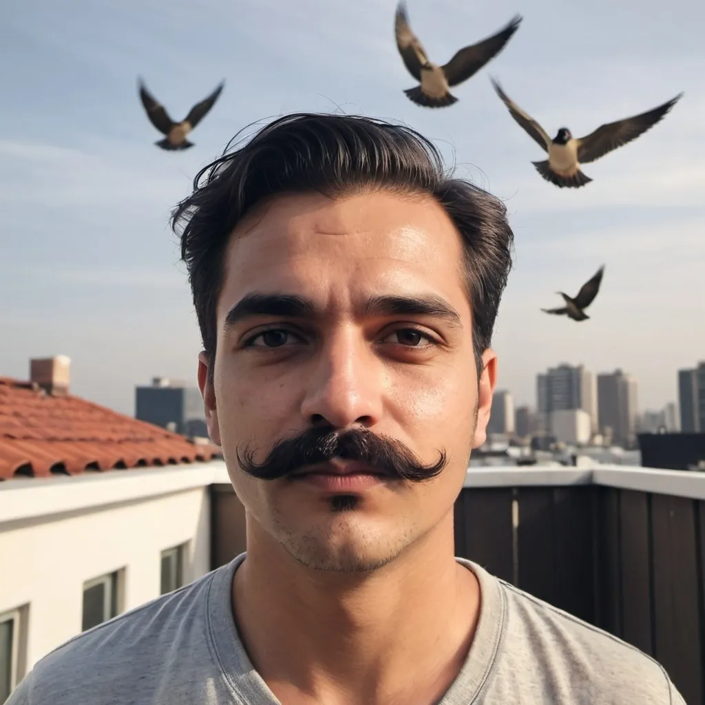 Prompt: Make a picture of mine as a clean shave having a cigrate of roof top while birds around me hair luts around my face chin and small mustachee 