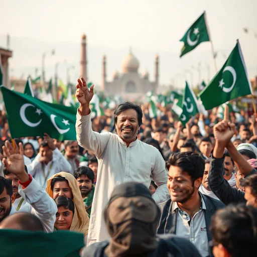 Prompt: (heartwarming scene) of people celebrating across Pakistan, (Imran Khan) at the forefront giving a speech for peace and brotherhood, joyful crowds on the streets, (determined expressions) as they rally together, vibrant colors of flags waving in unity, a backdrop of iconic Pakistani landmarks, an atmosphere of hope and resilience, (high detail, 4K), capturing the spirit of solidarity and national pride.