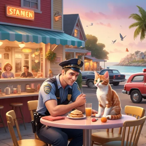 Prompt: (charming book cover), small town romcom setting, (beach town ambiance), cozy diner scene, friendly policeman interacting with diner cook, adorable rescue kitten, lively atmosphere, playful meddling friends and family, vibrant colors, warm soft lighting, (4K), engaging and inviting, whimsical details in the background, playful heartwarming interactions.