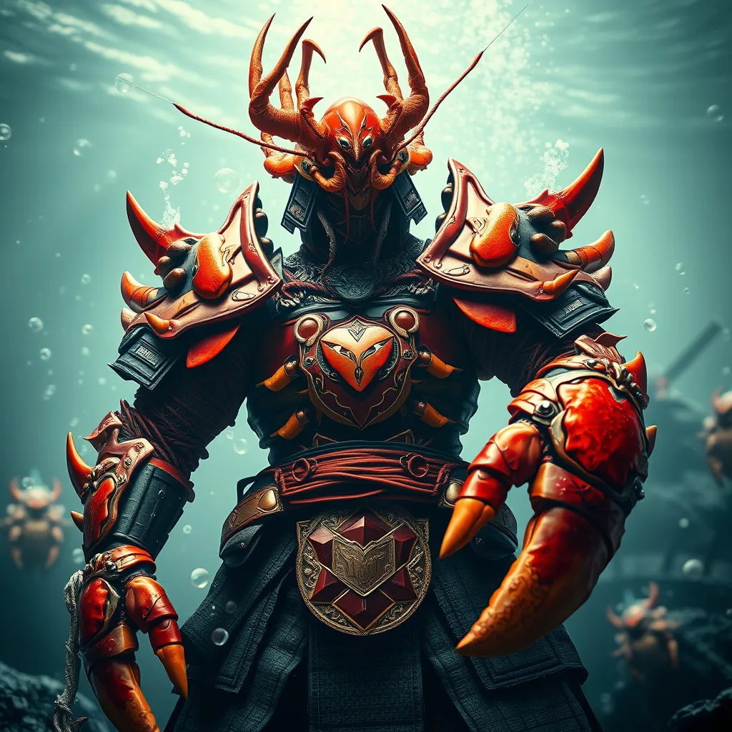 Prompt: (lobster themed Samuri armor), intricately designed armor inspired by lobster features, bright crimson and deep orange hues, glossy texture, unique shells and claws incorporated into the design, dramatic shading, underwater battle scene background, bubbles rising and ethereal lighting, (epic and heroic atmosphere), ultra-detailed, high quality, 4K resolution. While using color only black and shadows