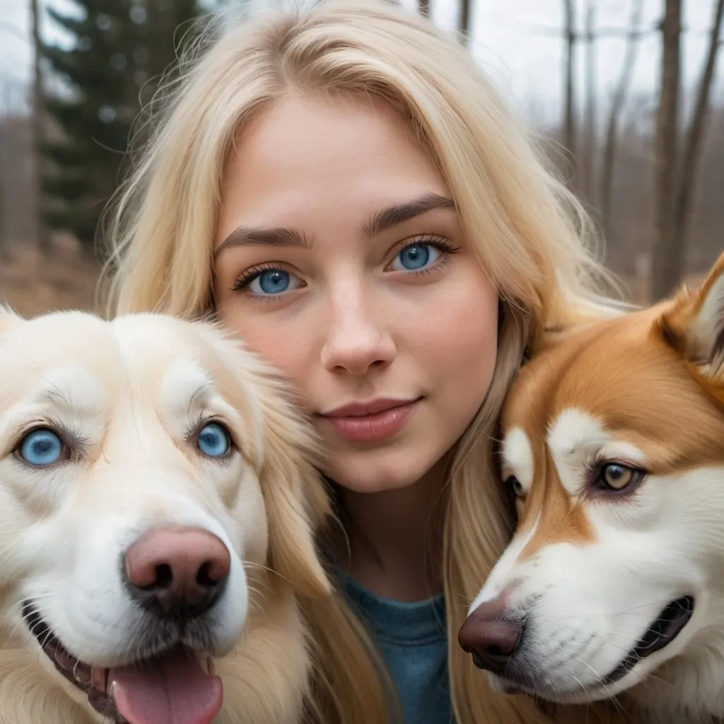 Prompt: a realistic selfie of a blonde girl, blue eyes, long hair, with a golden retriver and husky.
