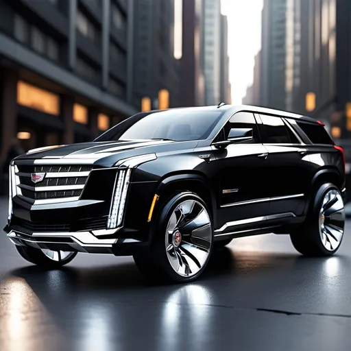 Prompt: (2030 Cadillac 4 wheel drive truck), glossy metallic finish, (lights reflecting vibrantly), dynamic and sleek design, modern styling, sharp contours, ultra-detailed, high-quality, thrilling ambiance, urban setting, bright reflections, cool tones, cinematic lighting, stunning visual elements, innovative craftsmanship, dramatic highlights, immersive perspective.