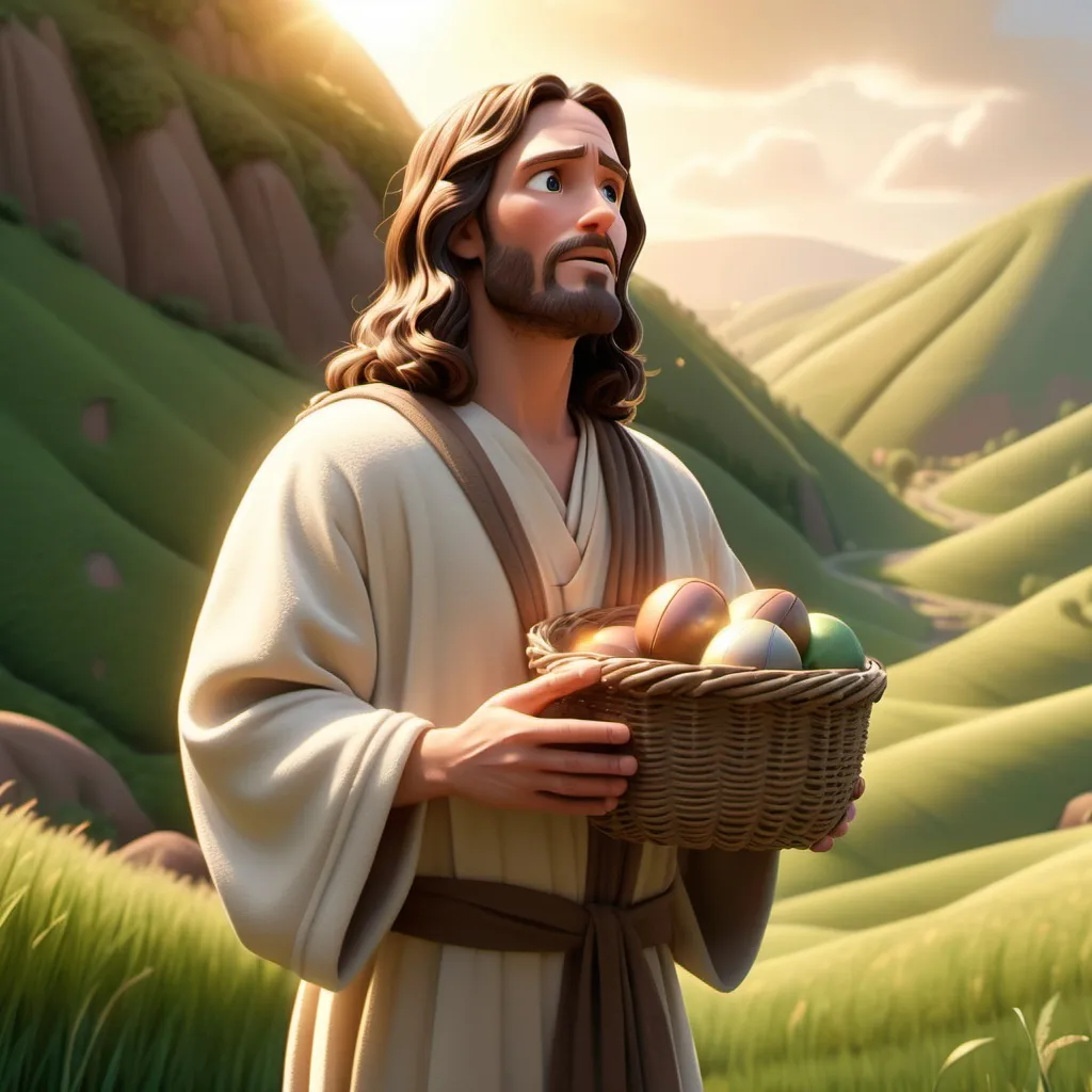 Prompt: Jesus, 30-year-old man, long wavy dark hair, serene and focused expression, beige robe with brown sash, holding the basket high as He prays, background of green hills and glowing sunlight, 3D Pixar animation style.