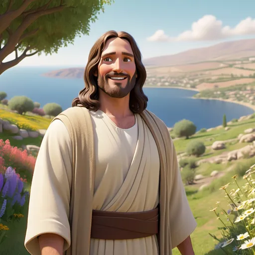 Prompt: Jesus, 30-year-old man, long wavy dark hair, gentle smile, beige robe with a brown sash, standing on a lush green hillside, surrounded by wildflowers and families seated nearby, sunny afternoon near the Sea of Galilee, 3D Pixar animation style.