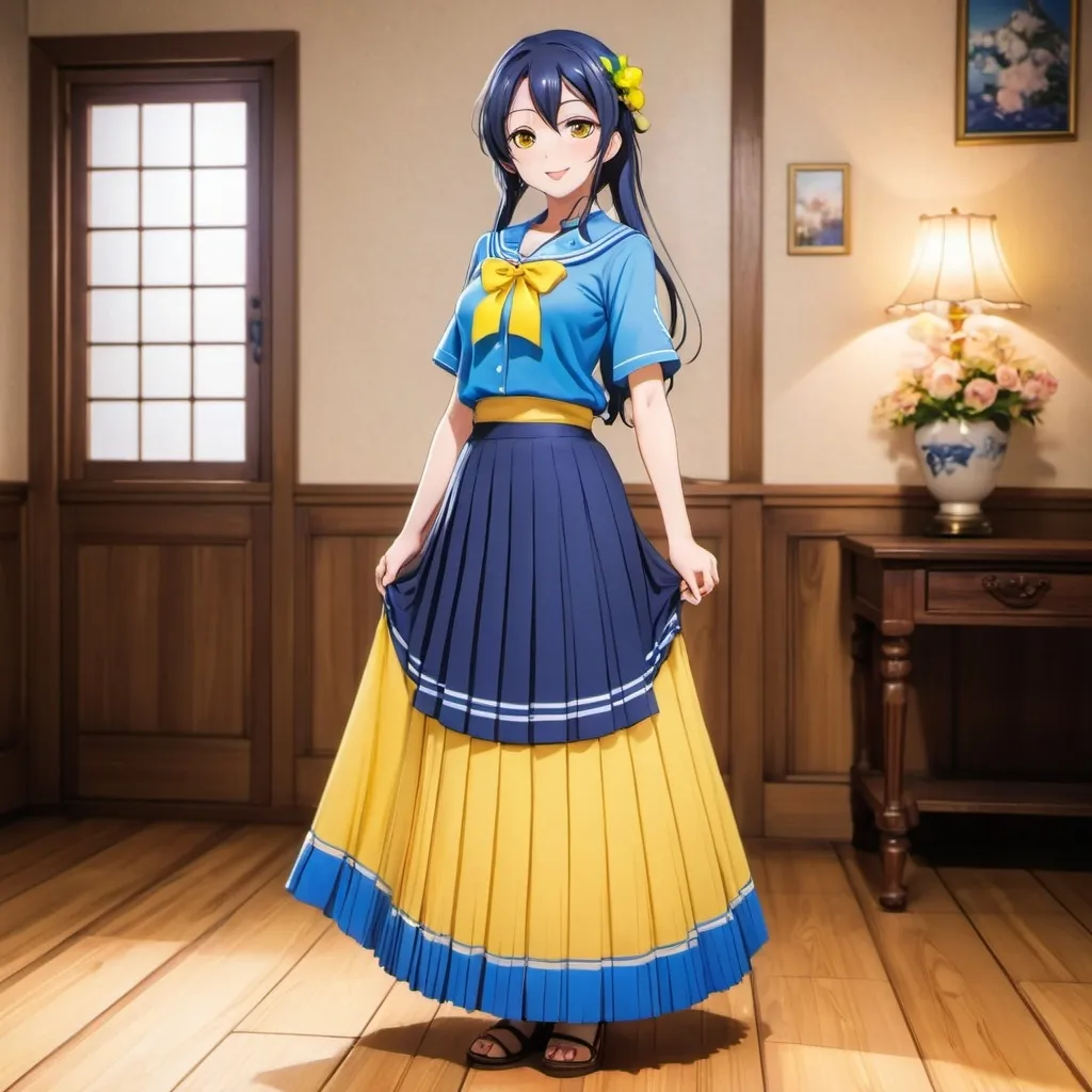 Prompt: Love Live anime Umi Sonoda with large yellow eyes is wearing a maxi long 
floor-length folded-pleated blue skirt that is extremely long. She is standing on a wooden floor.