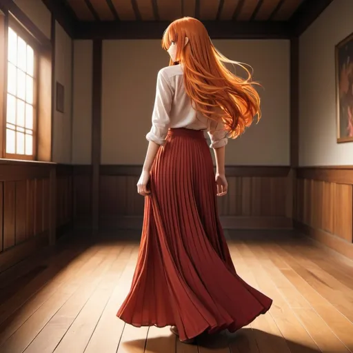 Prompt: The back of a long-straight orange haired anime girl with loose hair. The anime girl is wearing a buttoned shirt and a red pleated maxi long skirt that is extremely long. The anime girl is standing on a wooden floor.