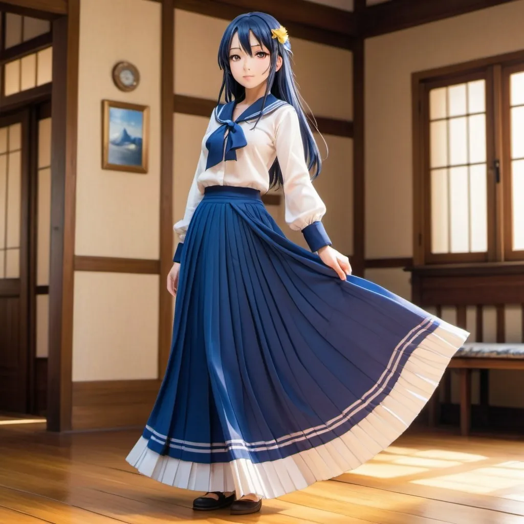 Prompt: Love Live anime Umi Sonoda with large yellow eyes is wearing a maxi long 
floor-length folded-pleated blue skirt that is extremely long. She is standing on a wooden floor.