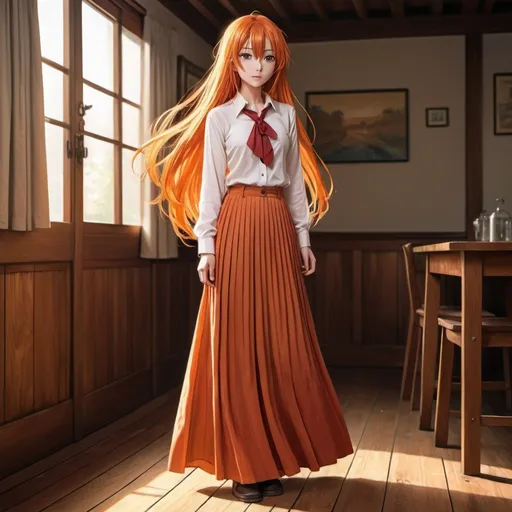 Prompt: The back of a long-straight orange haired anime girl with loose hair. The anime girl is wearing a buttoned shirt and a red pleated maxi long skirt that is extremely long. The anime girl is standing on a wooden floor.