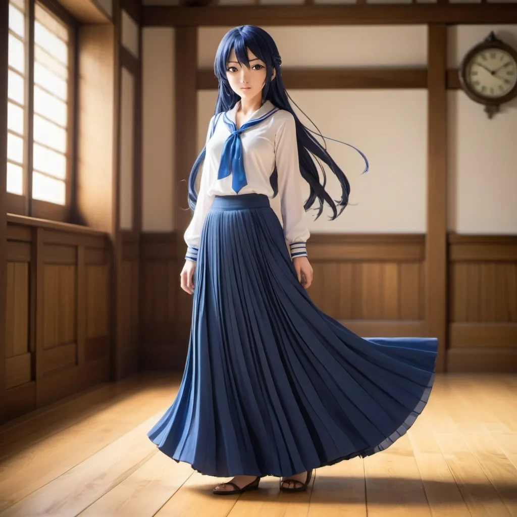 Prompt: Love Live anime Umi Sonoda with large yellow eyes is wearing a maxi long 
floor-length folded-pleated blue skirt that is extremely long. She is standing on a wooden floor.