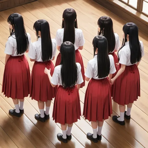 Prompt: The backs of multiple long-straight-black haired anime girls who are wearing short-sleeved white buttoned shirts and maxi long pleated red skirts that are extremely long. The girls are standing on a wooden floor while holding each of their own long fat wooden straight sticks up in the air. The hairs of the girls are untied.