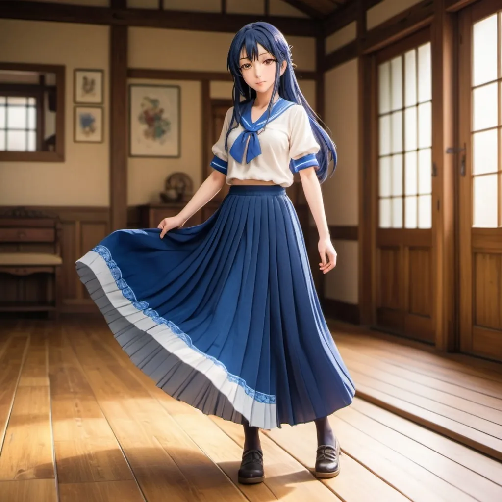 Prompt: Love Live anime Umi Sonoda with large yellow eyes is wearing a maxi long 
floor-length folded-pleated blue skirt that is extremely long. She is standing on a wooden floor.