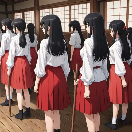 Prompt: The backs of multiple long-straight-black haired anime girls who are wearing short-sleeved white buttoned shirts and maxi long pleated red skirts that are extremely long. The girls are standing on a wooden floor while holding each of their own long fat wooden straight sticks up in the air. The hairs of the girls are untied.