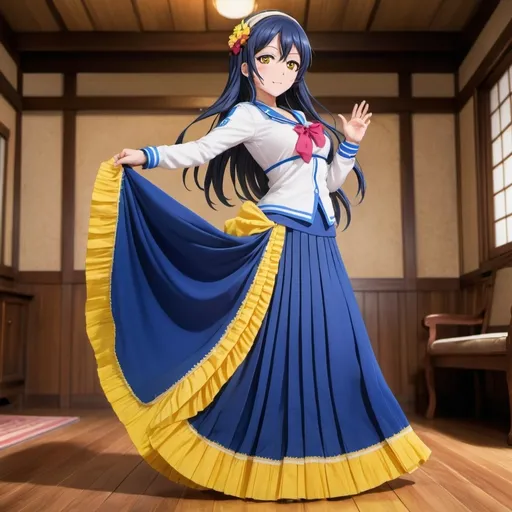 Prompt: Love Live anime Umi Sonoda with large yellow eyes is wearing a maxi long 
floor-length folded-pleated blue skirt that is extremely long. She is standing on a wooden floor.