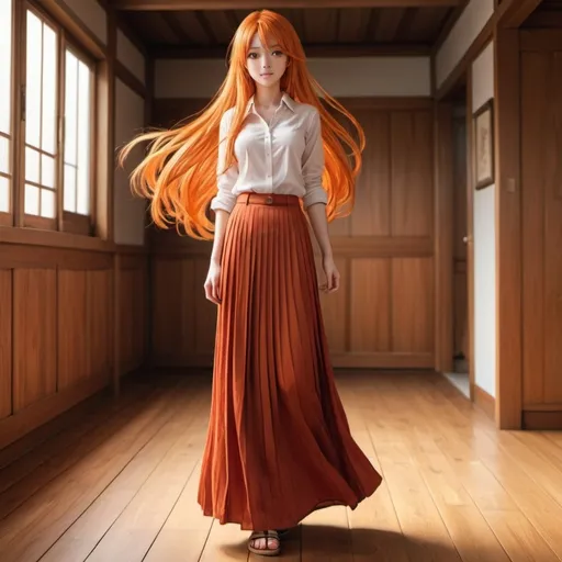 Prompt: The back of a long-straight orange haired anime girl with loose hair. The anime girl is wearing a buttoned shirt and a red pleated maxi long skirt that is extremely long. The anime girl is standing on a wooden floor.