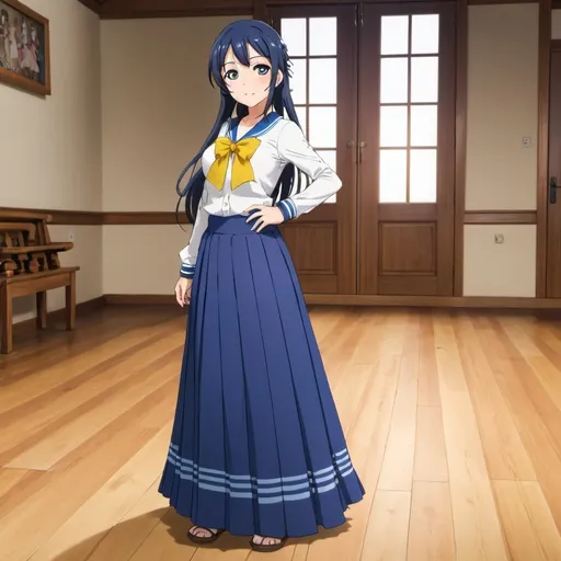 Prompt: Love Live anime Umi Sonoda with large yellow eyes is wearing a maxi long 
floor-length folded-pleated blue skirt that is extremely long. She is standing on a wooden floor.