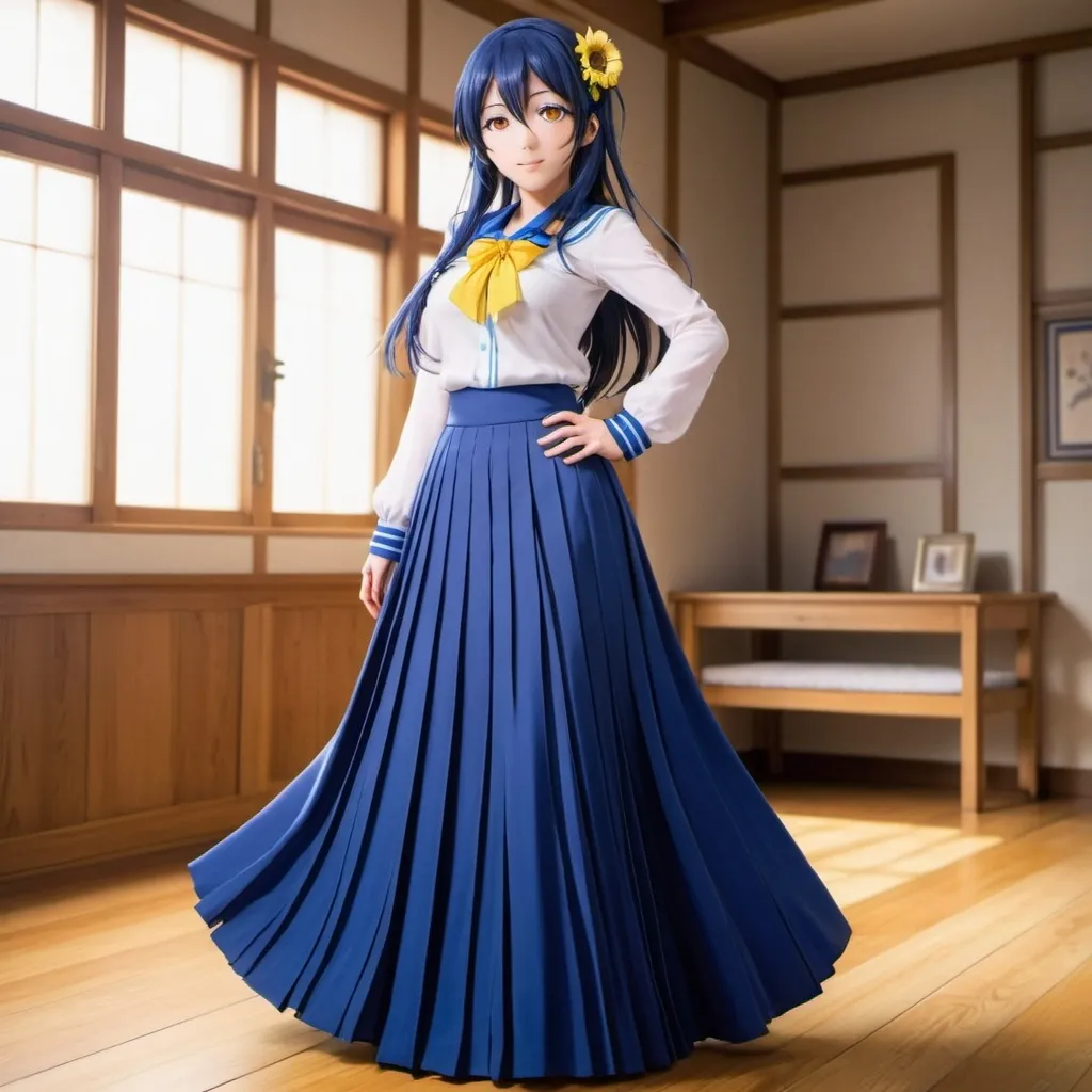 Prompt: Love Live anime Umi Sonoda with large yellow eyes is wearing a maxi long 
floor-length folded-pleated blue skirt that is extremely long. She is standing on a wooden floor.