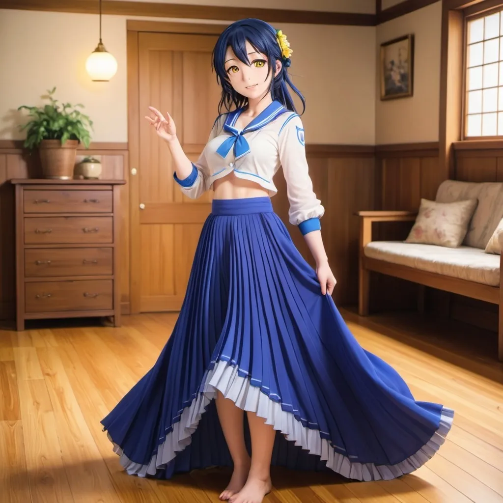 Prompt: Love Live anime Umi Sonoda with large yellow eyes is wearing a maxi long 
floor-length folded-pleated blue skirt that is extremely long. She is standing on a wooden floor.