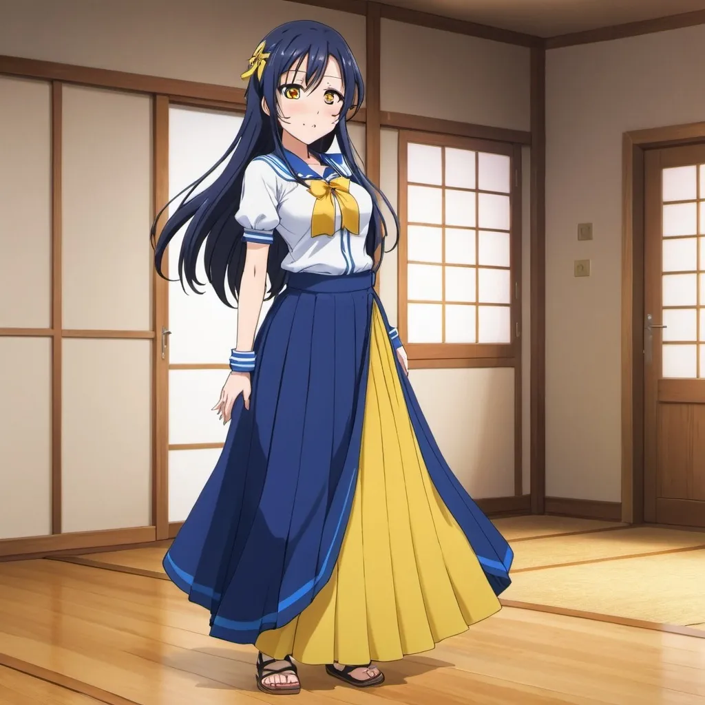 Prompt: Love Live anime Umi Sonoda with large yellow eyes is wearing a maxi long 
floor-length folded-pleated blue skirt that is extremely long. She is standing on a wooden floor.