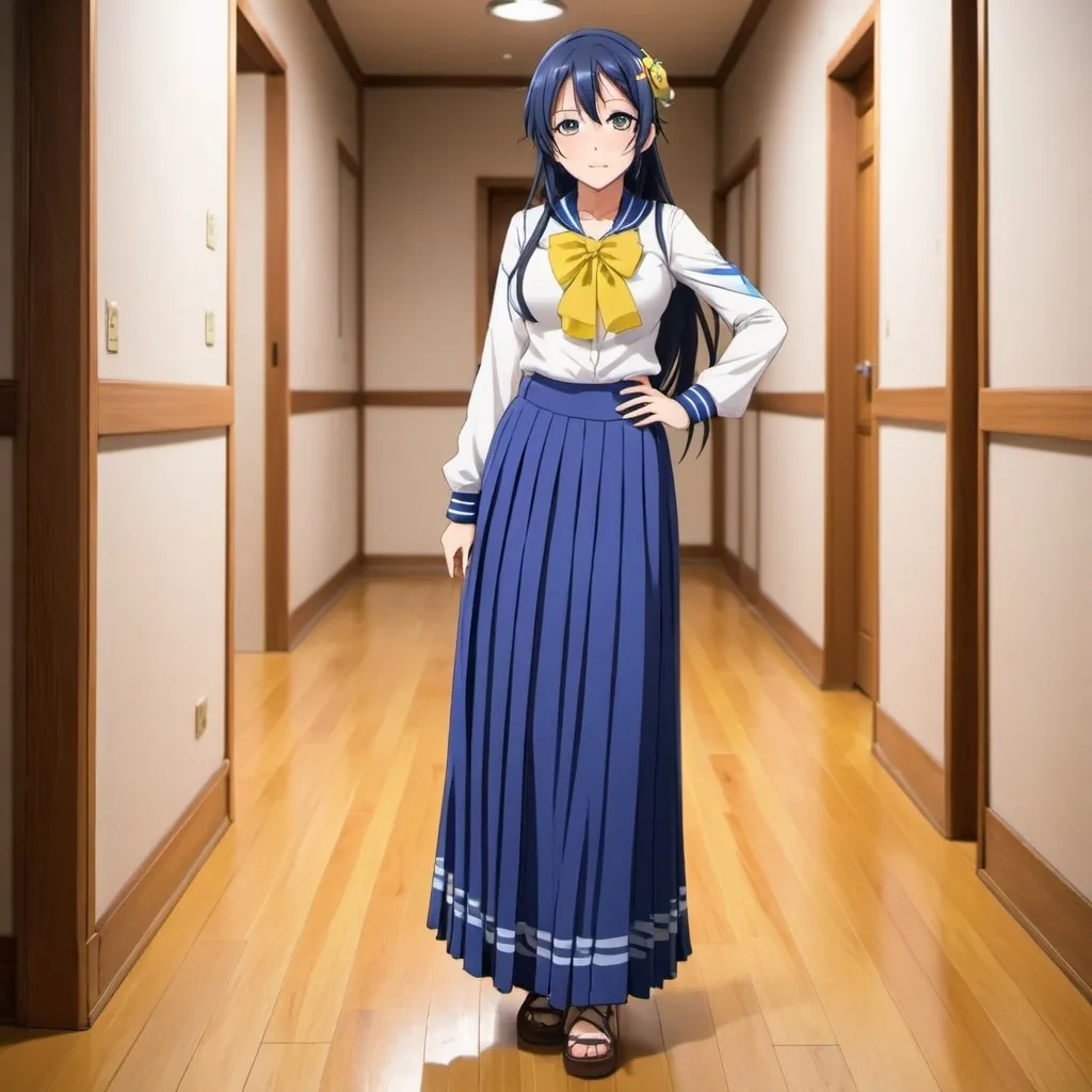 Prompt: Love Live anime Umi Sonoda with large yellow eyes is wearing a maxi long 
floor-length folded-pleated blue skirt that is extremely long. She is standing on a wooden floor.