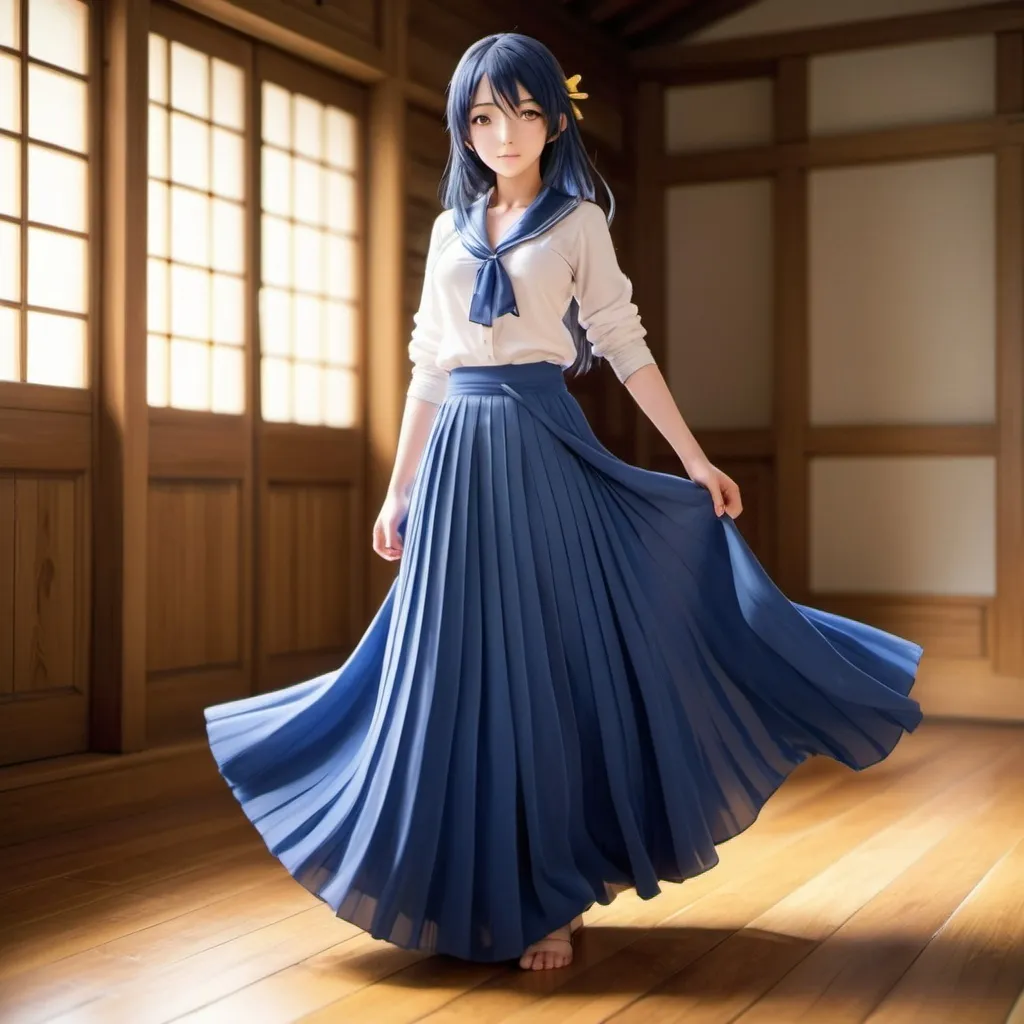 Prompt: Love Live anime Umi Sonoda with large yellow eyes is wearing a maxi long 
floor-length folded-pleated blue skirt that is extremely long. She is standing on a wooden floor.