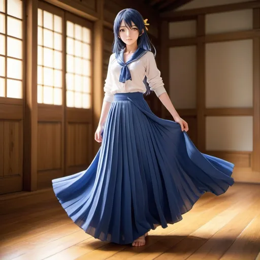 Prompt: Love Live anime Umi Sonoda with large yellow eyes is wearing a maxi long 
floor-length folded-pleated blue skirt that is extremely long. She is standing on a wooden floor.