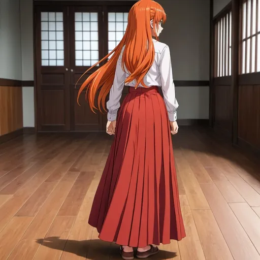 Prompt: The back of a long-straight orange haired anime girl with loose hair. The anime girl is wearing a buttoned shirt and a red pleated maxi long skirt that is extremely long. The anime girl is standing on a wooden floor. The long pleated skirt is red in color.