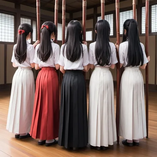 Prompt: The backs of multiple long-straight-black haired anime girls who are wearing white buttoned shirts and maxi long pleated red skirts that are extremely long. The girls are standing on a wooden floor while holding each of their own long fat wooden straight poles up in the air. The hairs of the girls are untied.