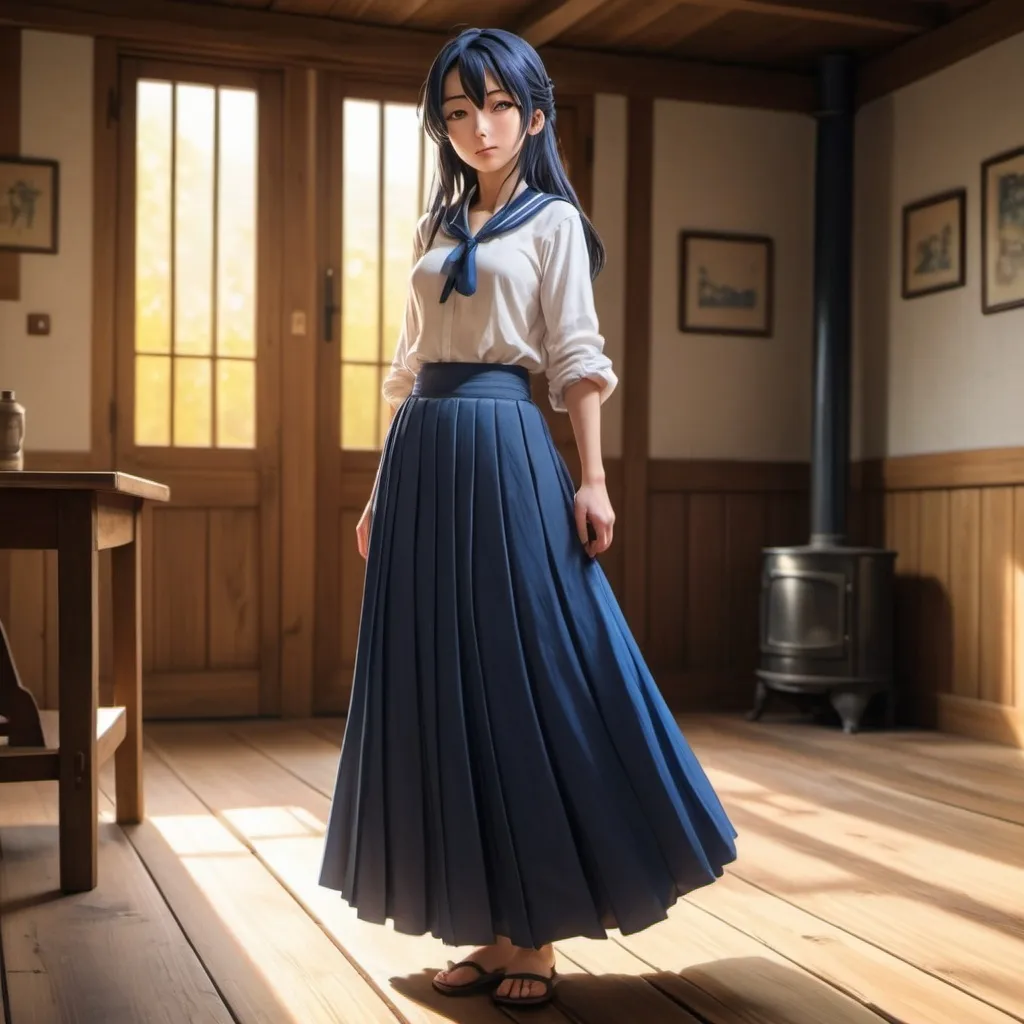 Prompt: Love Live anime Umi Sonoda with large yellow eyes is wearing a maxi long 
floor-length folded-pleated blue skirt that is extremely long. She is standing on a wooden floor.