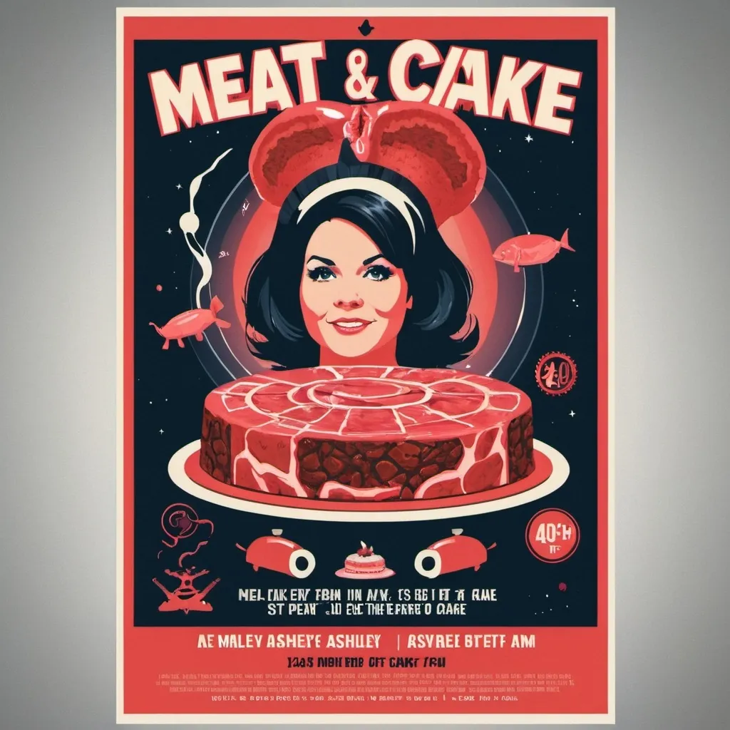 Prompt: A poster for my wife Ashley’s 40th birthday that is meat and cake themed. That’s in the style of a 60s sci fi movie poster. It needs to say that it’s on the 21st of Sept, it starts at 2 pm