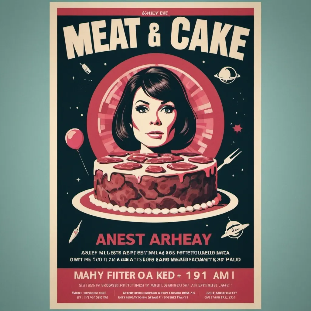 Prompt: A poster for my wife Ashley’s 40th birthday that is meat and cake themed. That’s in the style of a 60s sci fi movie poster. It needs to say that it’s on the 21st of Sept, it starts at 2 pm