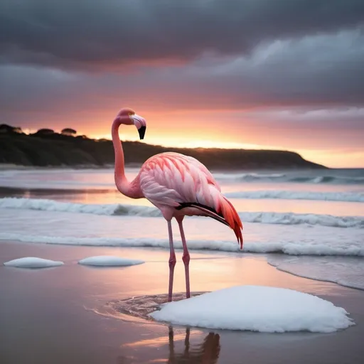 Prompt: Design a flyer titled “Winter solstice swim” at Freshwater beach on Sat 22 June at 3pm featuring a flamingo on a beach in cold water with snow ice and flames  