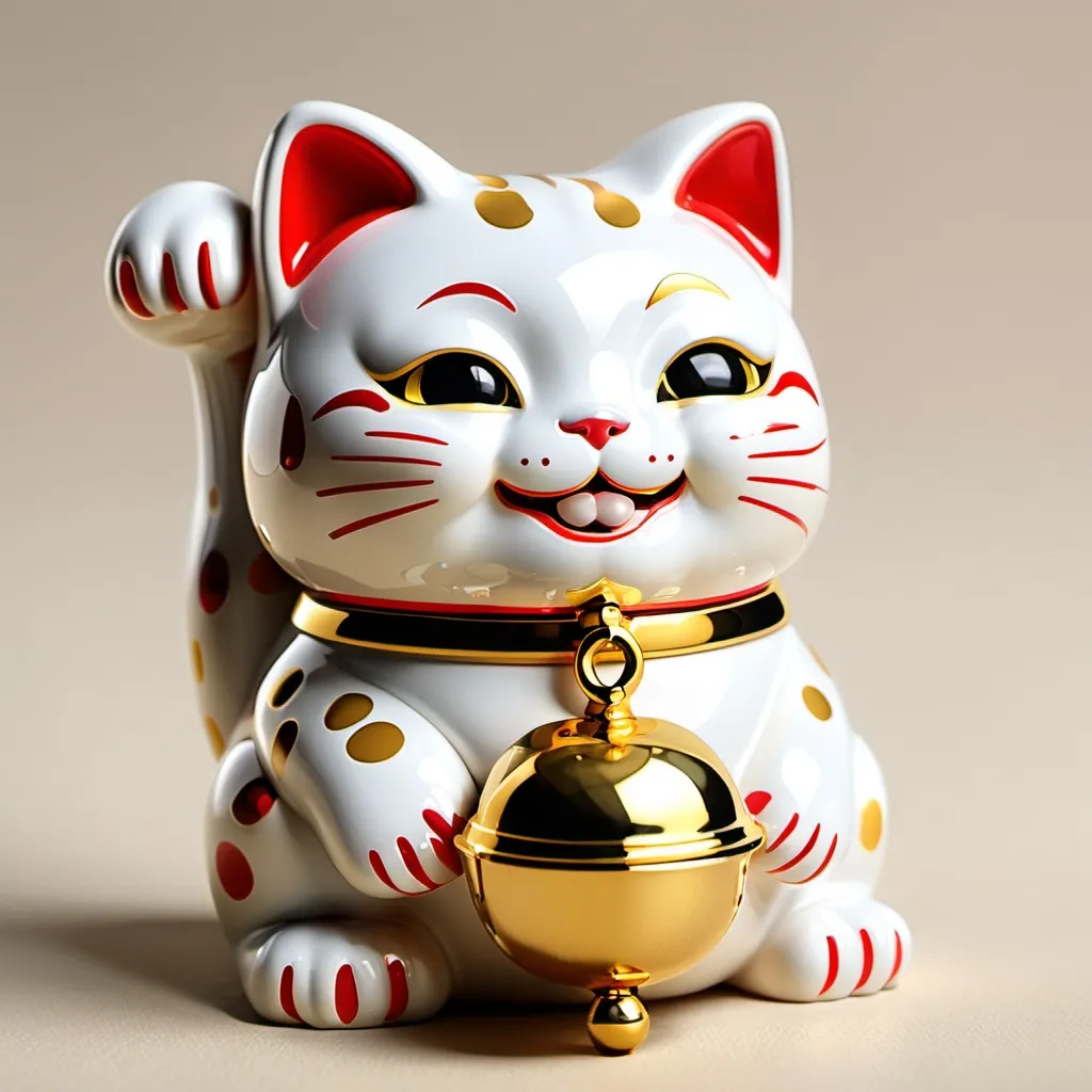 Prompt: lucky cat smile with gold bell