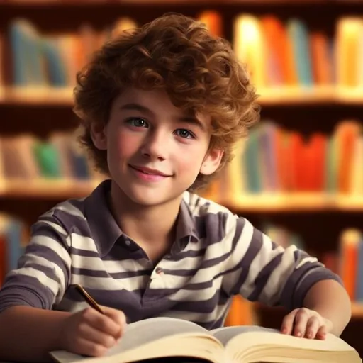 Prompt: a handsome boy in the library. Image is real, light and beautiful. The boy has a chubby face, wavy curly hair