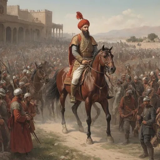 Prompt: Fatih sultan mehmed on a horse and a manyak of soldiers walging with him . Very strong army