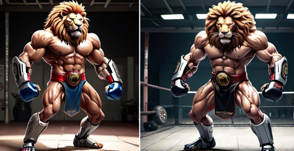 Prompt: Lion cyborg and angry and muscled kickboxing