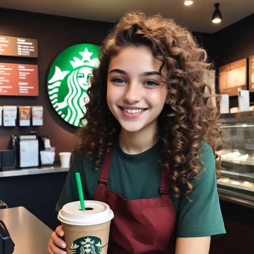 Prompt: A girl is working at starbucks 
She is 18 years old 
She has curly brown hair 
Her eyes are brown-green 
She is skinny  her lips are red 
She smiles a lot  
The costumers are happy 