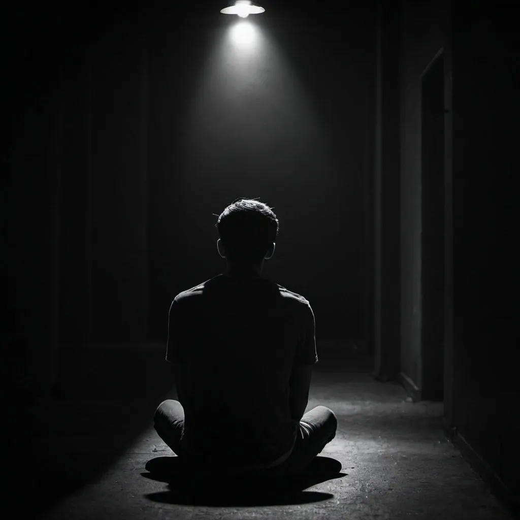 Prompt: A young man sits alone in the dark