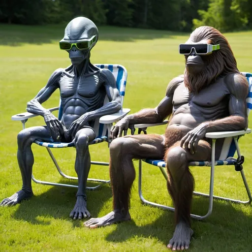 Prompt: alien and bigfoot sitting in lawn chairs wearing solar eclipse glasses