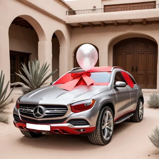 Prompt: a luxury red mercedez SUV car in the desert wrapped by birthday gift paper