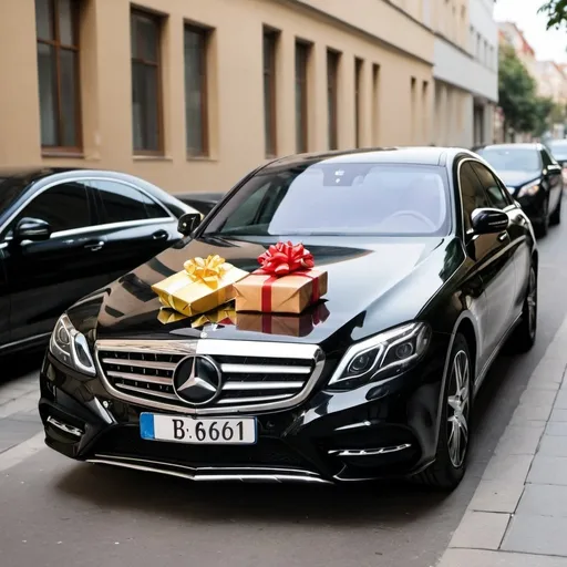 Prompt: a gift of a luxury black Mercedes Benz sedan car, with a registration plate marked "18 06 2001" in the city, wrapped in birthday gift paper

