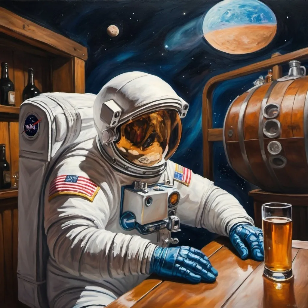 Prompt: astronaut drinking in tavern oilpainting 