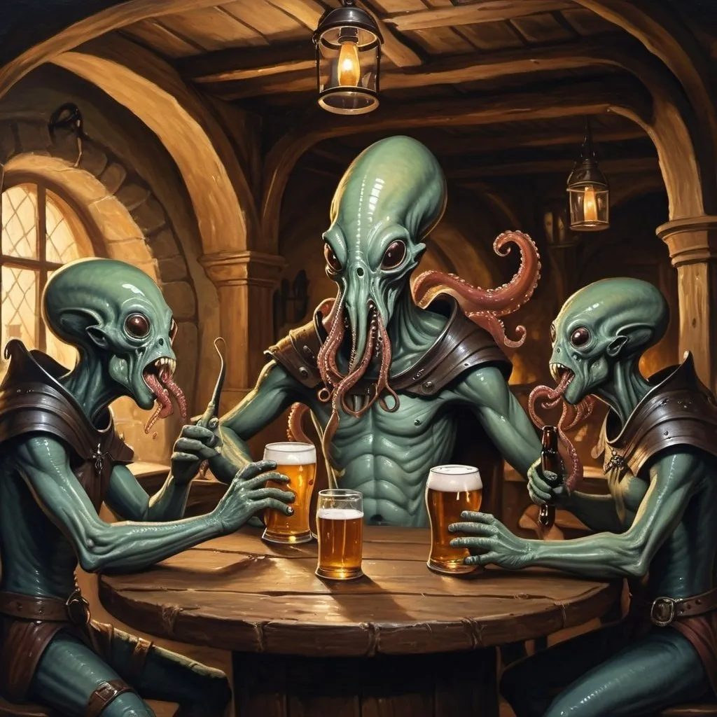 Prompt: medieval alien oil painting drinking beer in tavern with friends,tentacles,monsters