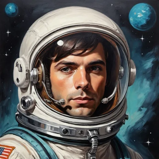 Prompt: retro art astronaut 60s style portrait oil painting male