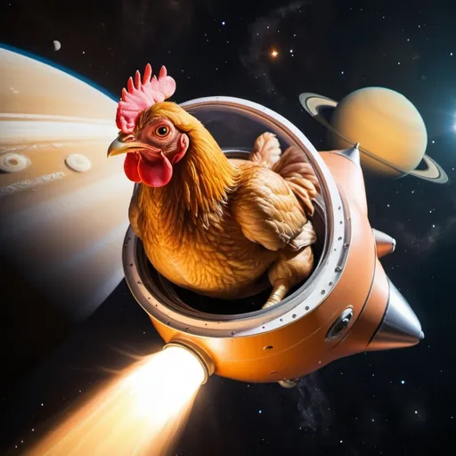 Prompt: Brown chicken in a rocket ship flying over Saturn