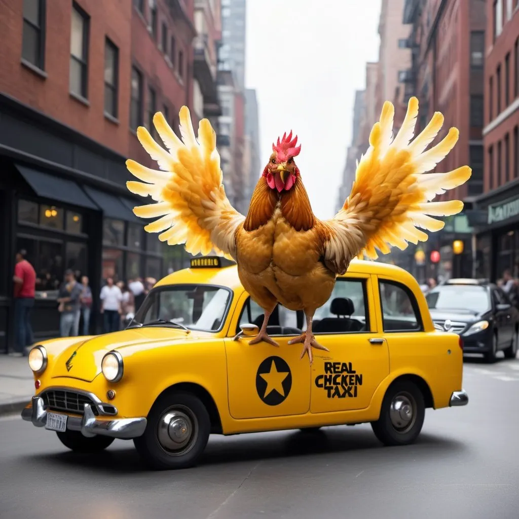 Prompt: Real chicken in a magic flying taxi car