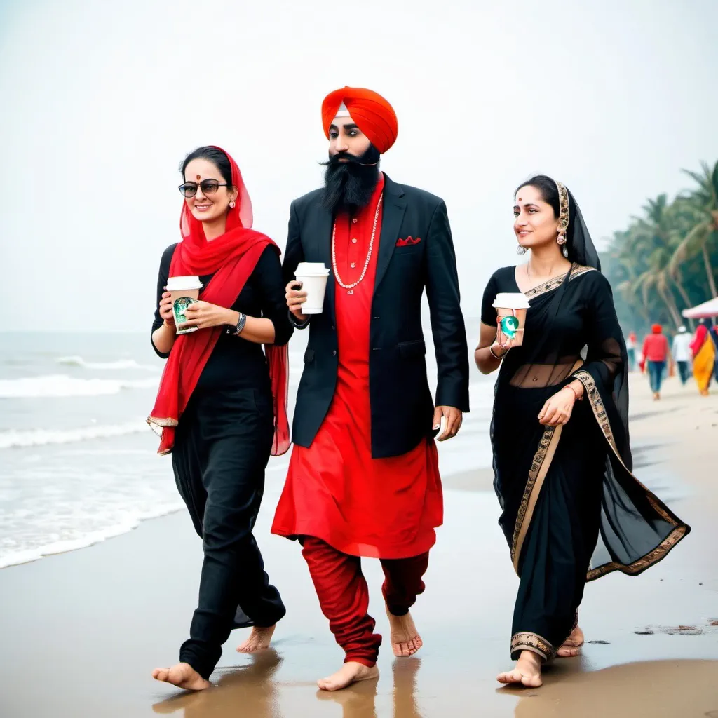 Prompt: A Sikh sardar wearing black turbun with jean and red shirt with his wife wearing black saree are walking on the beach and having coffee Starbucks 