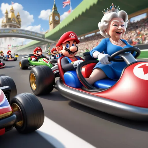 Prompt: mario kart con la reina isabel segunda